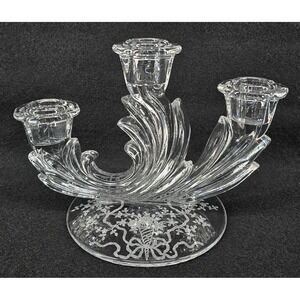 Vintage Fostoria Crystal Baroque Candlestick Holder 3‎ Light w/ Arcady Etch 30s